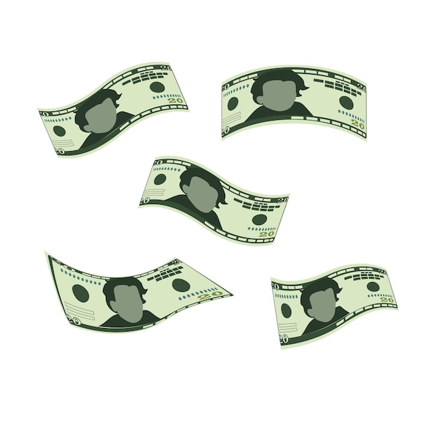 Dólar estadounidense vector ilustración ee. uu. conjunto de dinero paquete de billetes caída de dinero volador 20 usd