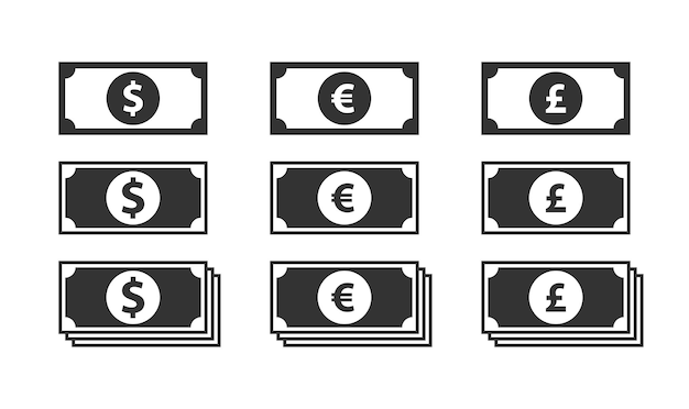 Dólar euro y libra dinero conjunto de iconos Símbolo de efectivo Ilustración de vector plano