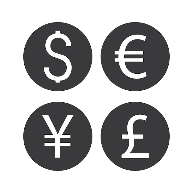 Dólar euro yen libra esterlina moneda icono conjunto aislado vector ilustración