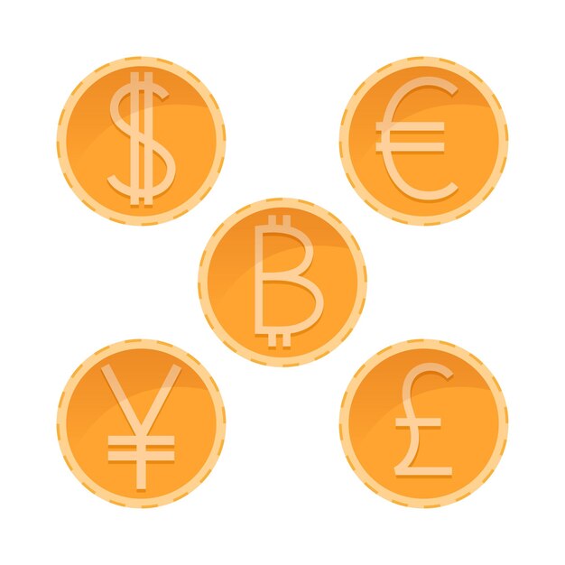 Dólar, euro, yen, libra, monedas de oro bitcoin, diferentes monedas, ilustración de dinero vectorial