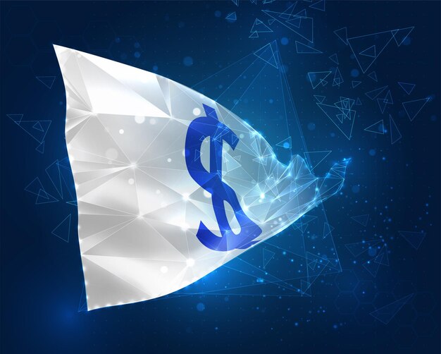 dólar, moneda, vector, bandera, virtual, extracto, 3d, objeto, de, triangular, polígonos, en, un, fondo azul