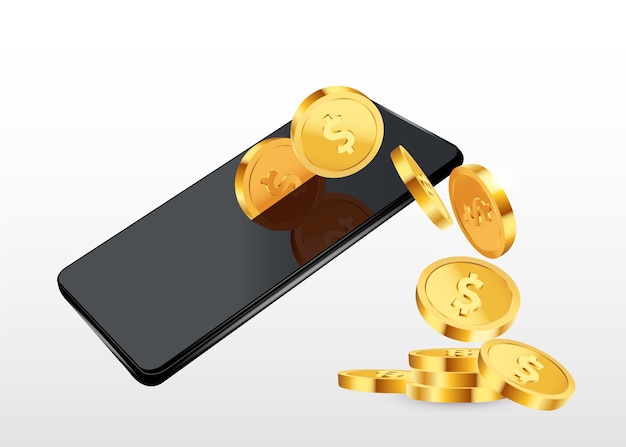 Dólares monedas de oro cayendo del teléfono sobre fondo púrpura