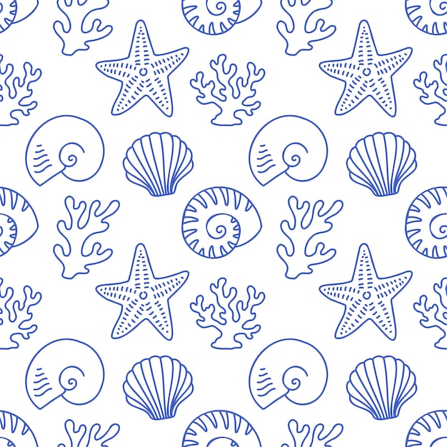La dolce vita garabateos patrón sin costuras concha de mar azul en blanco ilustración vectorial de estilo italiano
