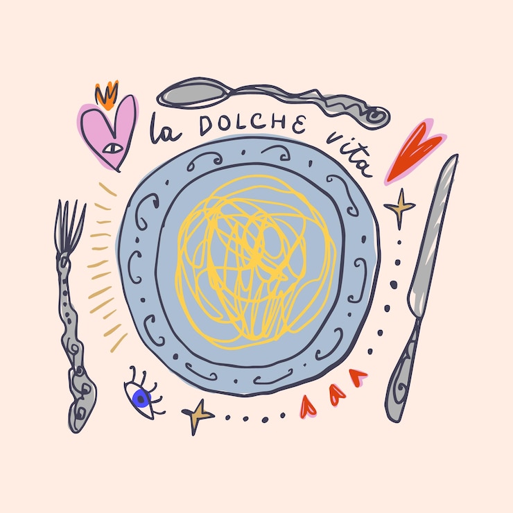 Vector la dolce vita plato de pasta dibujado a mano con cubiertos y corazones
