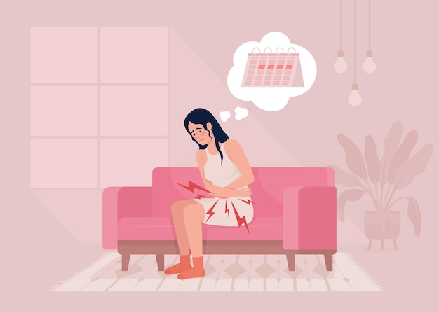 Dolor abdominal inferior durante el ciclo menstrual ilustración vectorial de color plano