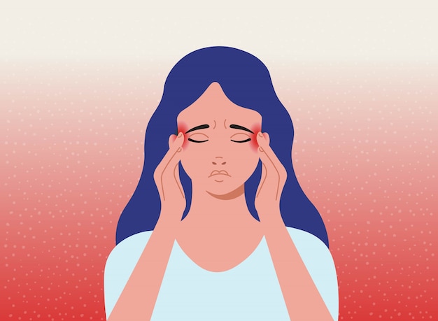 Vector dolor de cabeza. la mujer que tiene dolor de cabeza, migraña. ilustración de dibujos animados