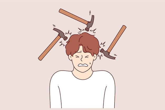 El dolor de cabeza y el tormento de la migraña hombre haciendo una grimace dolorosa de pie entre los martillos