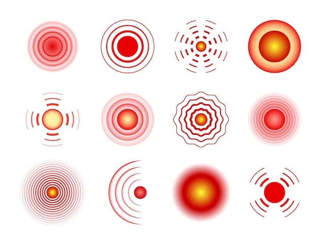 Dolor de círculos Objetivo doloroso punto rojo dolor muscular y articular puntos locales Marcadores de localización de daño Dolores de cabeza dolor de vientre o elementos de ondas de sonido Píldoras analgésicas firman conjunto de vectores