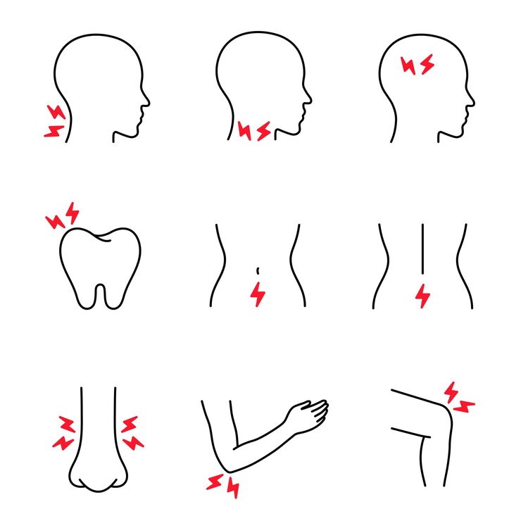 Vector dolor corporal conjunto de iconos de línea delgada dolor y lesiones en partes del cuerpo humano problema de salud migraña de espalda