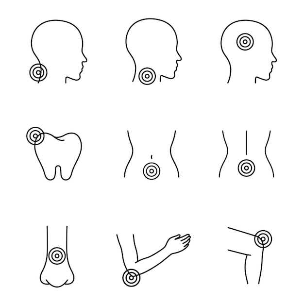 El dolor de cuerpo la enfermedad la enfermedad los iconos de estilo lineal el conjunto de la migraña el dolor de dientes el dolor de espalda el dolor de garganta