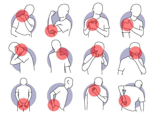 Vector dolor y lesiones en partes del cuerpo humano.