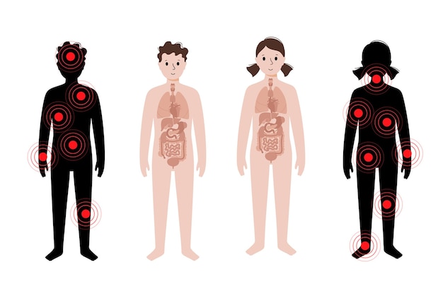 Dolor en los órganos internos del cuerpo de un niño y una niña.