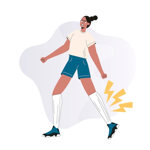 Vector dolor de piernas o concepto de trauma deportivo. la mujer atlética se siente herida en la pierna. atleta femenina con dolor en las articulaciones o músculos y sensación de dolor. ejecución de accidente de lesiones. ilustración vectorial