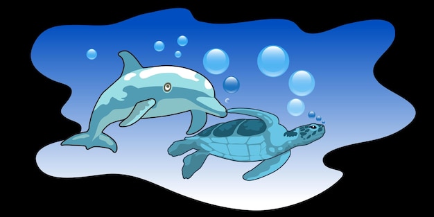 Dolphin and Turtle Swimming in the Ocean with Bubbles