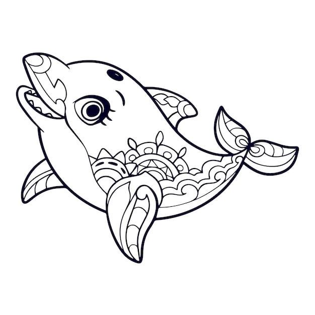 Vector dolphin dibujos animados mandala artes aislado sobre fondo blanco.