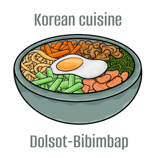 DolsotBibimbap Los ingredientes típicos de Bibimbap son el arroz, las verduras salteadas, el huevo frito, la pasta de chile rojo y la pasta de soja. Cocina coreana.