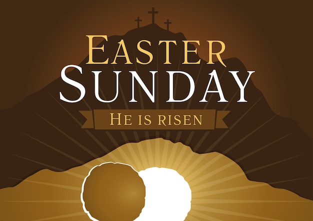 Domingo de Pascua, Él ha resucitado. Tarjeta de felicitación cristiana. Calvario con tres cruces y tumba abierta
