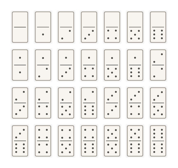 Domino 28 piezas con puntos negros o puntos Conjunto completo realista de vectores creativos Elementos de diseño gráfico de arte de huesos Colección de actividades y pasatiempos de íconos