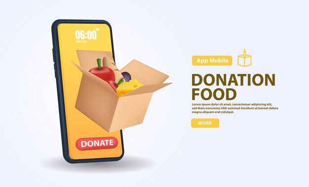 Donación de alimentos 3d para caja de alimentos de donación de diseño de volante y con teléfono móvil sobre fondo blanco