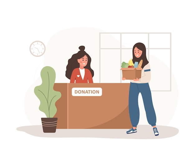 Donación de alimentos mujer árabe con caja de cartón llena de diferentes productos fondo de alimentos o centro de ayuda para personas pobres concepto de voluntariado y atención social ilustración vectorial en estilo de caricatura plana