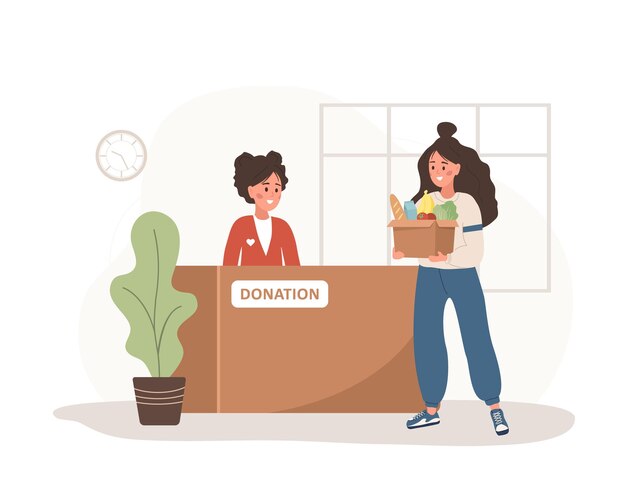 Vector donación de alimentos mujer con caja de cartón llena de diferentes productos fondo de alimentos o centro de ayuda para personas pobres concepto de voluntariado y atención social ilustración vectorial en estilo de caricatura plana