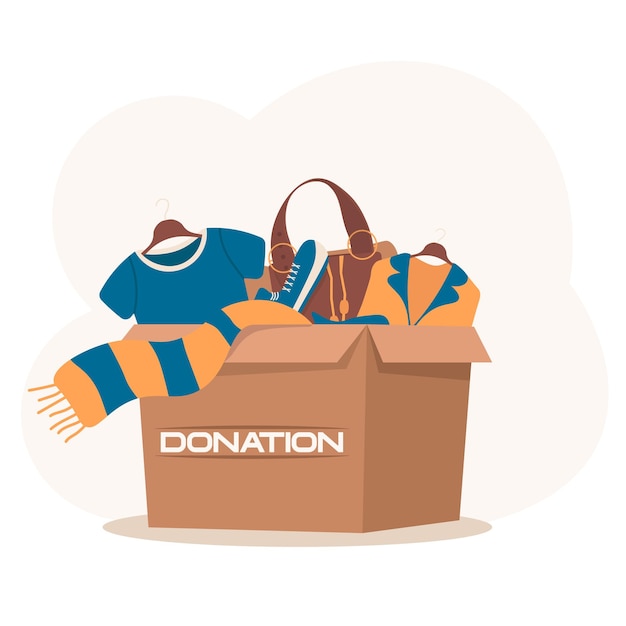Donación de ropa caja de cartón llena de cosas diferentes concepto de voluntariado y atención social apoyo a los pobres día internacional de la caridad ilustración vectorial en estilo de dibujos animados