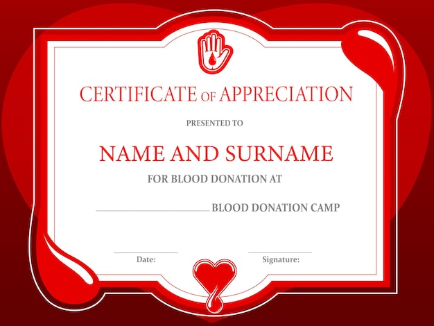 Donación de sangre certificado de caridad día del donante corazón