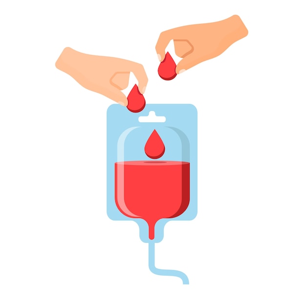 Vector donante de sangre cuentagotas con sangre para transfusión las manos ponen gotas de sangre como donantes ilustración vectorial diseño de color de caricatura plana aislado en fondo blanco eps 10