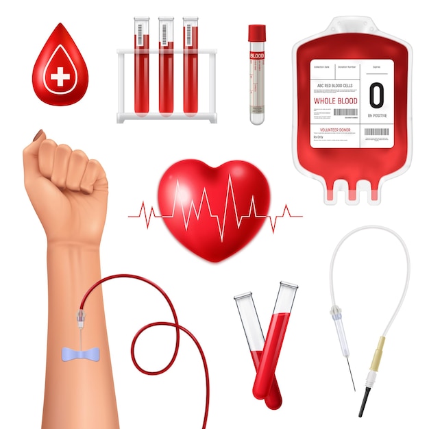Donante de sangre realista con mano humana y equipo médico aislado en la ilustración de vector de fondo blanco