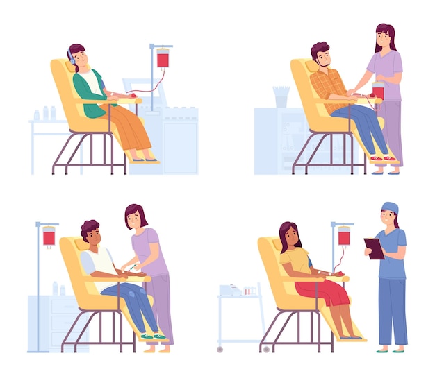 Los donantes donan sangre Los médicos o enfermeras monitorean la recolección de sangre de los voluntarios, las personas en el centro médico se sientan en sillas especializadas, atención médica, concepto de caridad, vector, plano, caricatura, aislado, conjunto