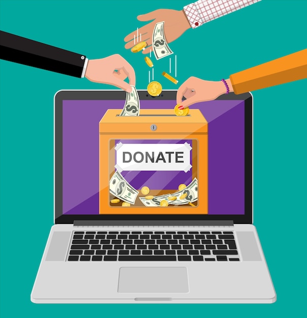 Donar concepto en línea. Caja de donación con monedas de oro, billetes de dólar y portátil. Concepto de caridad, donación, ayuda y ayuda.