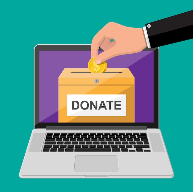 Donar concepto en línea. Caja de donación con monedas de oro y portátil. Concepto de caridad, donación, ayuda y ayuda.