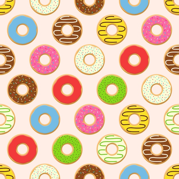 Donas de colores sin costura con salpicaduras de esmalte sobre fondo rosa