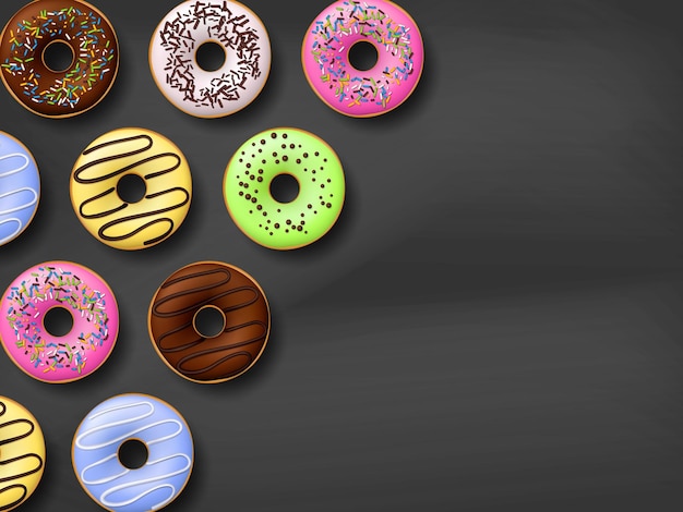 Donas coloridas con glaseado en fondo negro Vista superior estilo realista Ilustración vectorial