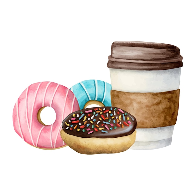 Vector donas coloridas con salpicaduras de esmalte taza de café ilustración de acuarela deliciosas donas vectoriales