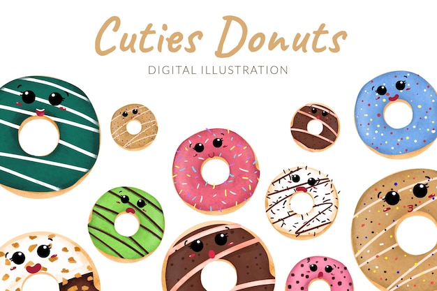 Donas dulces de dibujos animados lindo con varios sabores ilustración color pastel