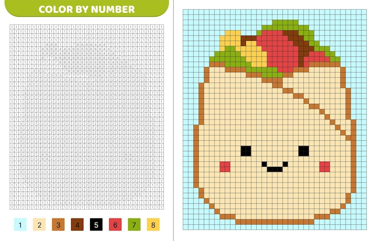 Vector doner kebab squishmallow color por número libro de colorear de píxeles cuadrados numerados juego para niños