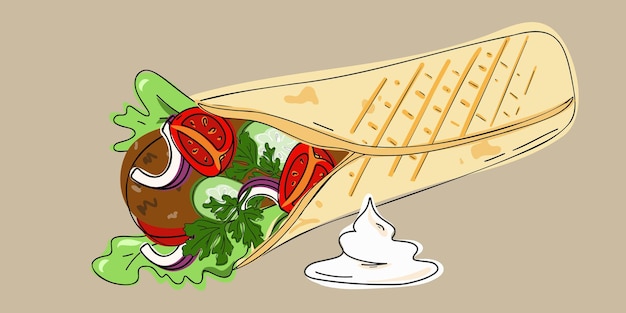 Doner, shawarma o burrito, refrigerio de menú de comida rápida, entrega de comida callejera y comida para llevar.