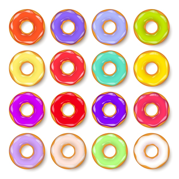 Donut begel con crema galletas juego de pasteles galletas postre dulce con azúcar y caramelo sabroso desayuno cocina cafetería comida bocadillo cafetería ilustración vectorial