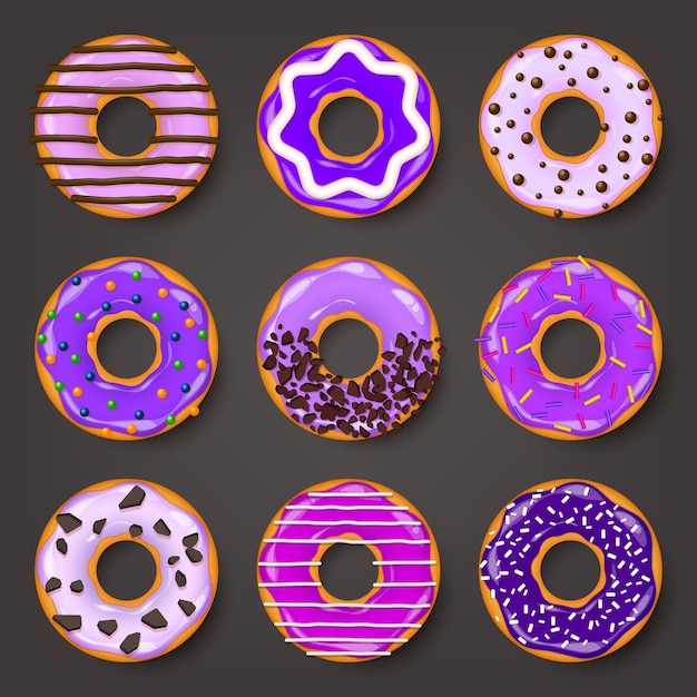 Vector donut begel con galletas de crema galleta juego de pastel dulce con azúcar y caramelo sabroso desayuno.