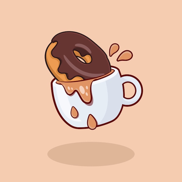 Donut de chocolate sumergido en una taza de café capuchino y ilustración vectorial de donut