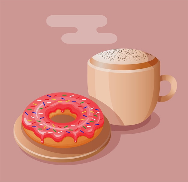 Donut de color rosa vidriado de dibujos animados y papel tapiz de taza de café Ilustración de diseño de arte vectorial