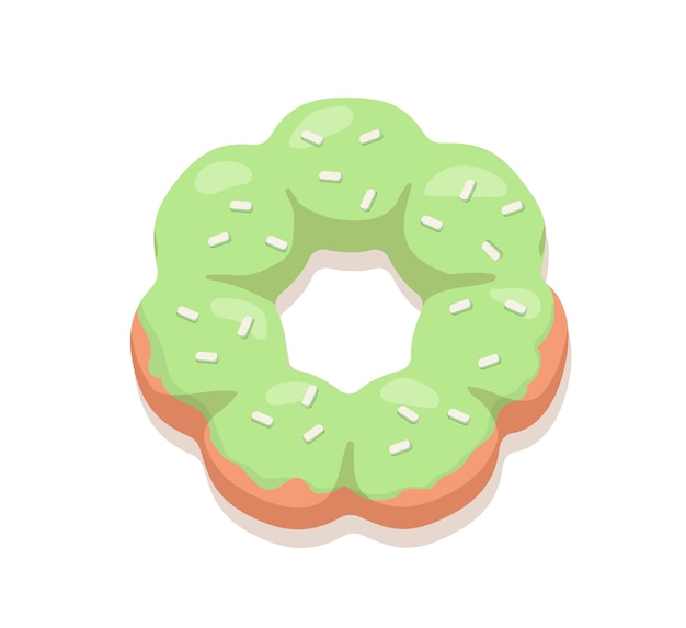 Donut en concepto de glaseado verde Pastelería y panadería producto dulce con chispitas Menú cafetería o restaurante Afiche o pancarta para sitio web Dibujo vectorial plano de dibujos animados aislado en fondo blanco