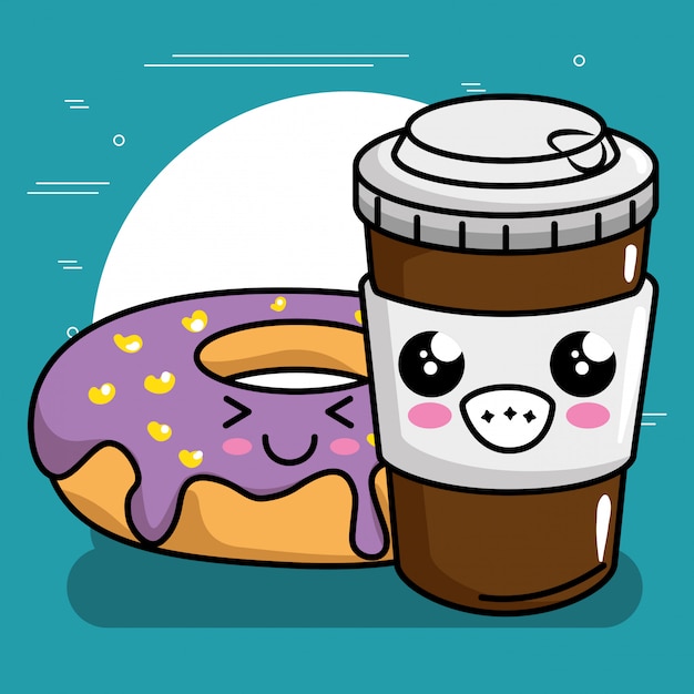 Vector donut dulce con café personaje kawaii
