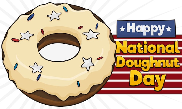 Donut con glaseado de vainilla y toppings con estrellas y colores americanos para el día nacional del donut