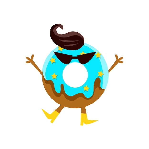 Donut humanizado con gafas oscuras de acristalamiento azul y personaje de dibujos animados con flecos negros con brazos y piernas