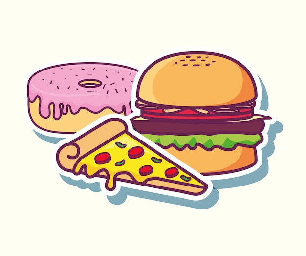 Donut con icono de pizza y hamburguesa sobre fondo blanco
