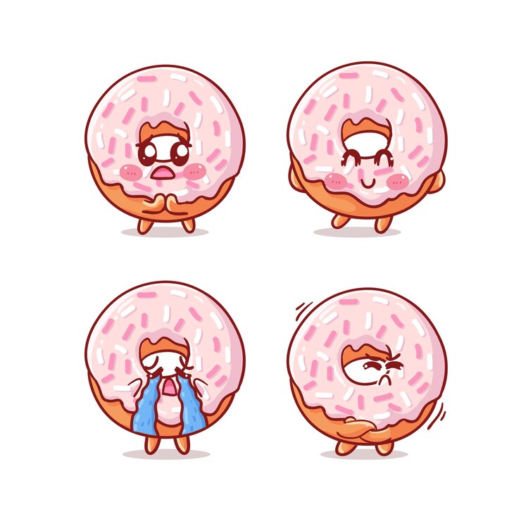 Donut lindo y Kawaii aislado en blanco