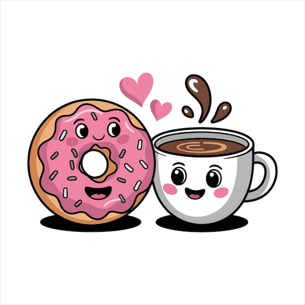 Donut lindo y taza de café con corazones