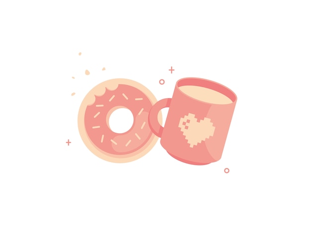 Vector donut mordido con una linda taza de bebida de café donde está la taza con un corazón de píxeles.